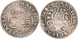 Sachsen-Kurlinie ab 1547 (Albertiner)
Moritz 1547-1553 1/4 Taler 1549, Stern-Freiberg Keilitz/Kahnt 17 Kohl 6 Sehr schön