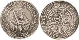 Sachsen-Kurlinie ab 1547 (Albertiner)
August 1553-1586 Taler 1554, Eichel-Annaberg Keilitz/Kahnt 44 Schnee 699 Davenport 9788 Selten. Sehr schön