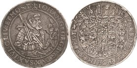 Sachsen-Kurlinie ab 1547 (Albertiner)
Johann Georg I. (1611-) 1615-1656 Dicker dreifacher Taler 1617, Schwan-Dresden Linker Arm weist aufwärts zum He...
