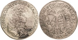Sachsen-Kurlinie ab 1547 (Albertiner)
Johann Georg IV. 1691-1694 2/3 Taler 1694, IK-Dresden C/K 663 Kohl 319 Davenport 813 Attraktives Exemplar. Aver...
