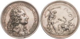 Sachsen-Kurlinie ab 1547 (Albertiner)
Friedrich August I., der Starke 1694-1733 Große Silbermedaille o.J. (1707) (H. P. Grosskurt) Auf seinen Widerst...