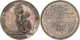 Sachsen-Kurlinie ab 1547 (Albertiner)
Friedrich August III. 1763-1806 Silbermedaille 1797 (F.H. Krüger) Auf die Geburt seines Neffen, des Kurprinzen ...