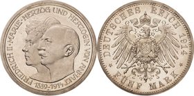 Anhalt
Friedrich II. 1904-1918 5 Mark 1914 A Silberhochzeit Jaeger 25 Polierte Platte-/Polierte Platte