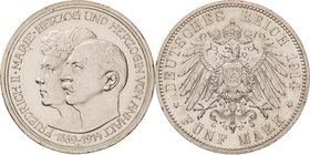 Anhalt
Friedrich II. 1904-1918 5 Mark 1914 A Silberhochzeit Jaeger 25 Kl. Randfehler, vorzüglich-Stempelglanz/Stempelglanz