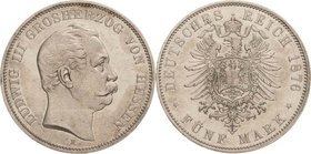 Hessen
Ludwig III. 1848-1877 5 Mark 1876 H Jaeger 67 Felder leicht geglättet, sehr schön-