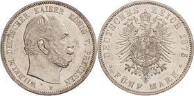 Preußen
Wilhelm I. 1861-1888 5 Mark 1875 B Jaeger 97 Kl. Kratzer, vorzüglich-Stempelglanz