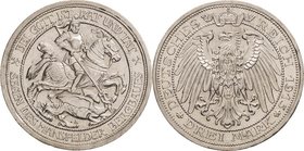 Preußen
Wilhelm II. 1888-1918 3 Mark 1915 A Mansfeld Jaeger 115 Kl. Randfehler, fast Stempelglanz