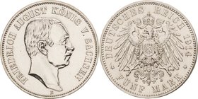 Sachsen
Friedrich August III. 1904-1918 5 Mark 1914 E Jaeger 136 Rand leicht bearbeitet, vorzüglich/vorzüglich-Stempelglanz