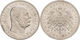 Sachsen-Altenburg
Ernst 1853-1908 5 Mark 1901 A 75. Geburtstag Jaeger 143 Sehr schön-vorzüglich/vorzüglich-Stempelglanz