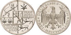 Gedenkausgaben
 3 Reichsmark 1927 A Marburg Jaeger 330 Revers winz. Flecke, Polierte Platte