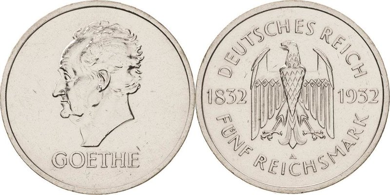 Gedenkausgaben
 5 Reichsmark 1932 A Goethe Jaeger 351 Kl. Randfehler, sehr schö...