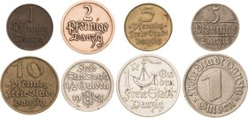 Danzig
Lot-8 Stück 1 Gulden - 1923, 1932. 1/2 Gulden 1923. 10 Pfennig 1932. 5 Pfennig 1923, 1932. 2 Pfennig 1926. 1 Pfennig 1929 Sehr schön-vorzüglic...