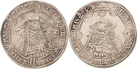 Sammlung Theobald Seitz - Sachsen-Weimar Sachsen-Alt-Weimar 1572-1603
Friedrich Wilhelm und Johann 1573-1602 1/2 Taler 1582, B mit Eichel-Saalfeld Hü...