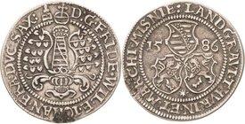 Sammlung Theobald Seitz - Sachsen-Weimar Sachsen-Alt-Weimar 1572-1603
Friedrich Wilhelm und Johann 1573-1602 1/4 Taler 1586, B mit Eichel-Saalfeld He...