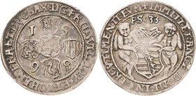 Sammlung Theobald Seitz - Sachsen-Weimar Sachsen-Alt-Weimar 1572-1603
Friedrich Wilhelm und Johann 1573-1602 1/4 Taler 1598, o. Mzz.-Saalfeld Sog. Pe...