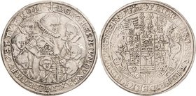 Sammlung Theobald Seitz - Sachsen-Weimar Sachsen-Mittel-Weimar 1603-1640
Johann Ernst und seine 7 Brüder 1605-1619 Taler 1619, WA-Saalfeld Großes Hüf...