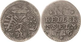Sammlung Theobald Seitz - Sachsen-Weimar Sachsen-Eisenach
Johann Wilhelm 1698-1729 3 Heller 1716, HS-Eisenach Bekrönte 3 Wappen / 4 Zeilen Wert Slg. ...