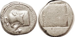 AKANTHOS, Tetrobol, c.470-390 BC, Forepart of bull kneel-ing, star above/square,...