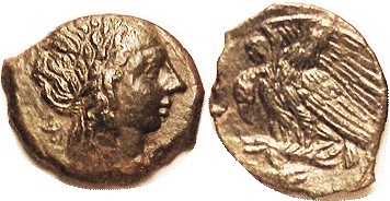 AKRAGAS, Æ20x23, Phintias, 287-279 BC, Apollo head r/2 Eagles on hare; VF/AEF, n...