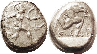 ASPENDOS, Stater, 465-430 BC, Warrior adv rt with spear & shield/ triskeles in i...