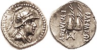 Eukratides I, 171-145 BC, Obol, Helmeted head r/caps of the Dioscuri with palm b...