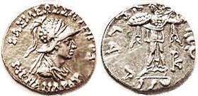 Menander, 160-145 BC, Drachm, Helmeted bust r/Athena stg l; S7601; EF, nrly centered, sl lgnd crowding, faint rev scrs but good metal with luster & lt...