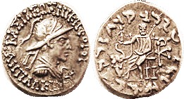 Antialkidas, Drachm, Helmeted bust r, /Zeus std l, elephant forepart; S7630; AEF...