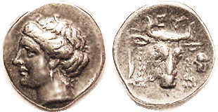 EUBOEAN League, Drachm, 369-313 BC, Nymph head l./ bull head 3/4 rt with long ea...