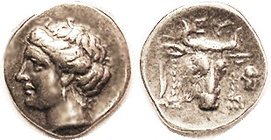 EUBOEAN League, Drachm, 369-313 BC, Nymph head l./ bull head 3/4 rt with long earrings, satyr's mask at rt; S2467 (£125); Choice VF, well centered & s...