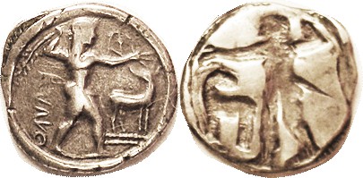 KAULONIA, Archaic Stater or Nomos, 510-475 BC, Apollo stg r, stag to rt/similar ...