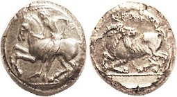 KELENDERIS, Stater, c. 400 BC, Naked rider sideways on horse l./Goat l, looking back, lgnd above, sim. S5527; VF-EF, well centered & struck with types...