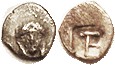 KOLOPHON, Tetartemorion, 520-500 BC, Apollo hd facg/TE in incuse square (rare instance of the denomination given on an ancient coin); S4343 (£55); F+/...