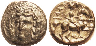 Æ19, 4th cent BC, Nymph head 3/4 left/horseman r; S2132; VF, nrly centered, dark...