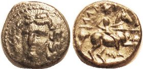 Æ19, 4th cent BC, Nymph head 3/4 left/horseman r; S2132; VF, nrly centered, dark greenish patina, infinitesimal porosity, good clear face. Ex BCD with...
