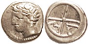 MASSALIA, Obol, 380-336 BC, Youthful hd l./MA in wheel, S72; Nice F-VF/VF, well ...