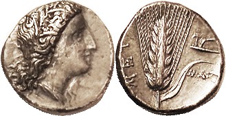 METAPONTUM, Stater, c.330-300 BC, Demeter head r/ grain ear, MAX & plough at rig...