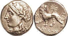 Drachm, 2nd cent BC, Apollo head left/lion stg left, looking back, star above, M...