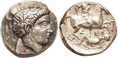 PAEONIA, Patraos, 340-315 BC, Tet., Apollo head r/ Horseman spearing foe; S1520;...