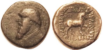 Mithradates II, 123-88 BC, Æ21 Tetrachalkon, Bust l., M behind/horse stg r, Sell...
