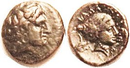 PHALANNA, Æ17, c.350 BC, Youthful male hd r/Female head in sakkos r, S2180; Nice VF, centered, glossy dark brown-ish-green patina, rev particularly go...