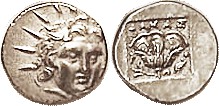RHODES, Hemidrachm, 167-88 BC, Helios hd 3/4 rt/Rose in incuse square, magistrate Damas, dolphin in rt field, as S5065; EF, obv off-ctr to rt but head...
