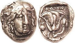 Didrachm, c.340 BC, Helios head facg sl rt/Rose, grape bunch & E; VF, obv well centered, a little crudeness but good strong face; rev sl off-ctr but c...