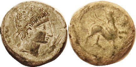 SPAIN, CASTULO, Æ26+, 120-20 BC, Diademed head r, with hand/Sphinx r, star in fi...