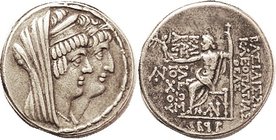 Cleopatra & Antiochos VIII, 125-121 BC, Tet, Jugate heads r/Zeus std l, date B9P = 121/20 BC, as S7135; Choice VF, nrly centered, well struck, good me...