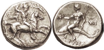 TARENTUM, Nomos, 280-272 BC, Horseman r spearing downward, Nike in front/ Taras ...