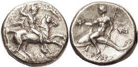 TARENTUM, Nomos, 280-272 BC, Horseman r spearing downward, Nike in front/ Taras on dolphin l., hldg kantharos & trident; VF+, well centered, everythin...