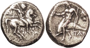 Nomos, 272-240 BC, Horseman spearing rt/Taras on dolphin left, hldg kantharos & ...