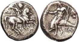 Nomos, 272-240 BC, Horseman spearing rt/Taras on dolphin left, hldg kantharos & trident, nymph head behind, Vlas.877; VF, centered on sl narrow flan, ...