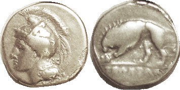 VELIA, Nomos, 350-281 BC, Athena hd l, Centaur on helmet, EK monogram behind/ li...