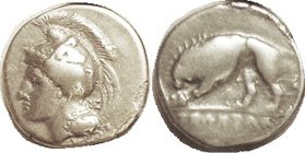 VELIA, Nomos, 350-281 BC, Athena hd l, Centaur on helmet, EK monogram behind/ lion munching left; F-VF/AF, nrly centered, good metal apart from some v...
